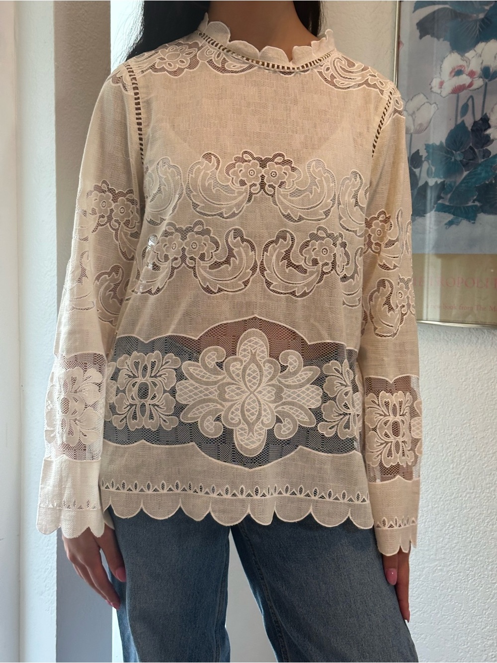 Anthropologie James Coviello Women's Cream Lace Embroidered Long-Sleeve Top